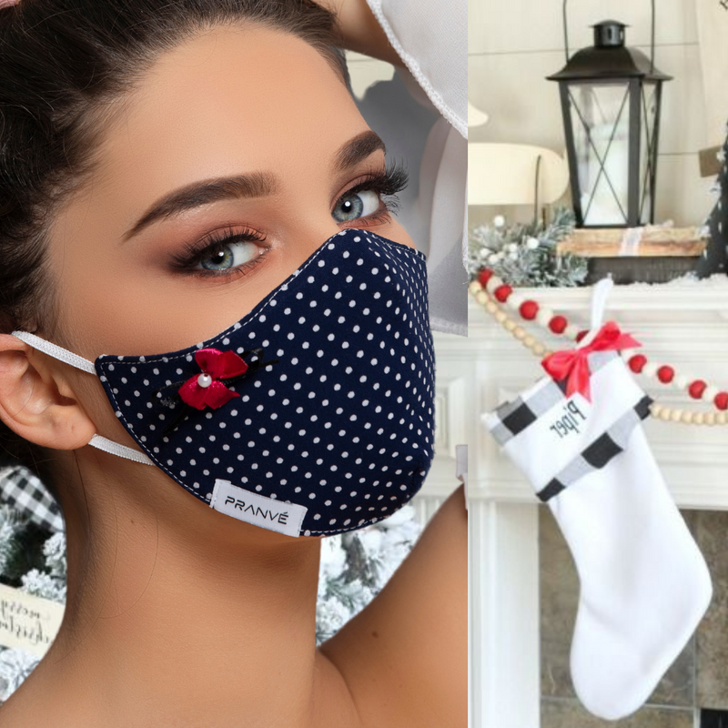 Small Polka Dots Ladies Face Mask Covering -  Navy/White