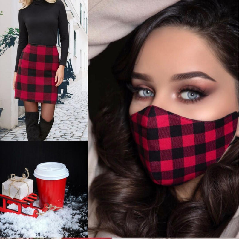Buffalo Plaid Reusable Face Mask Covering - Red/Black