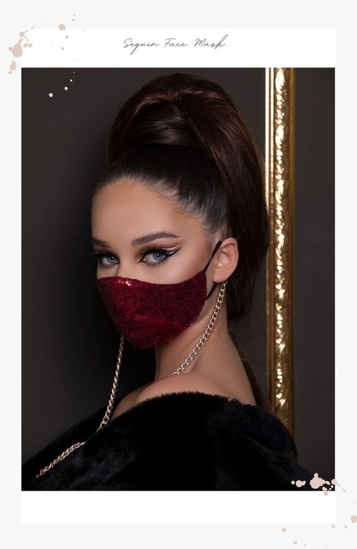 Crimson red sequin face mask for women