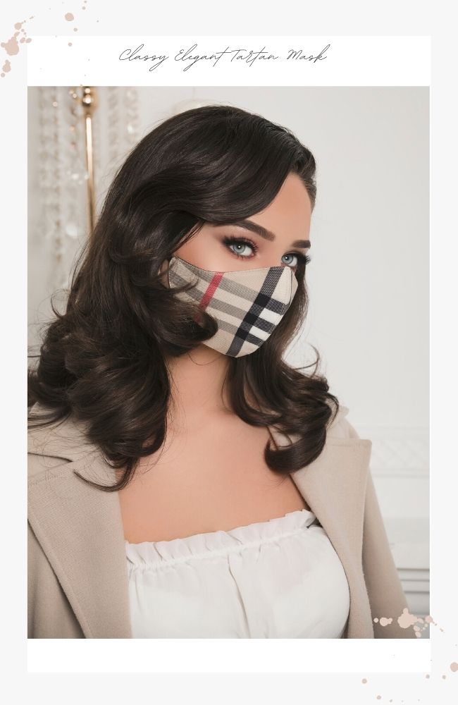 designer beige tartan plaid face mask for women